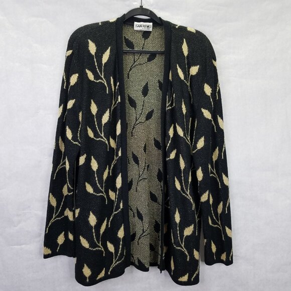 San Remo Laura Knits Open Front Cardigan Long Sleeve Black Gold Leaf Sparkle VTG - Picture 1 of 11